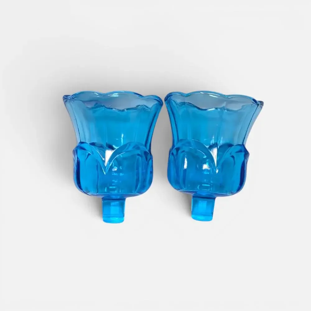 1970s Homco Blue Glass Tulip Peg Votive Candle Holder Pair